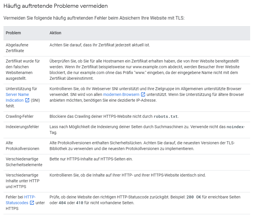 Screenshot: Häufige HTTPS-Fehler laut Google