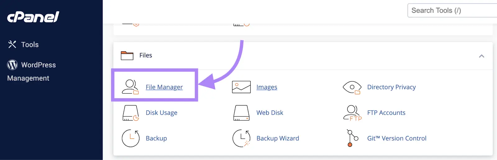 cPanel Files section with the File Manager option highlighted