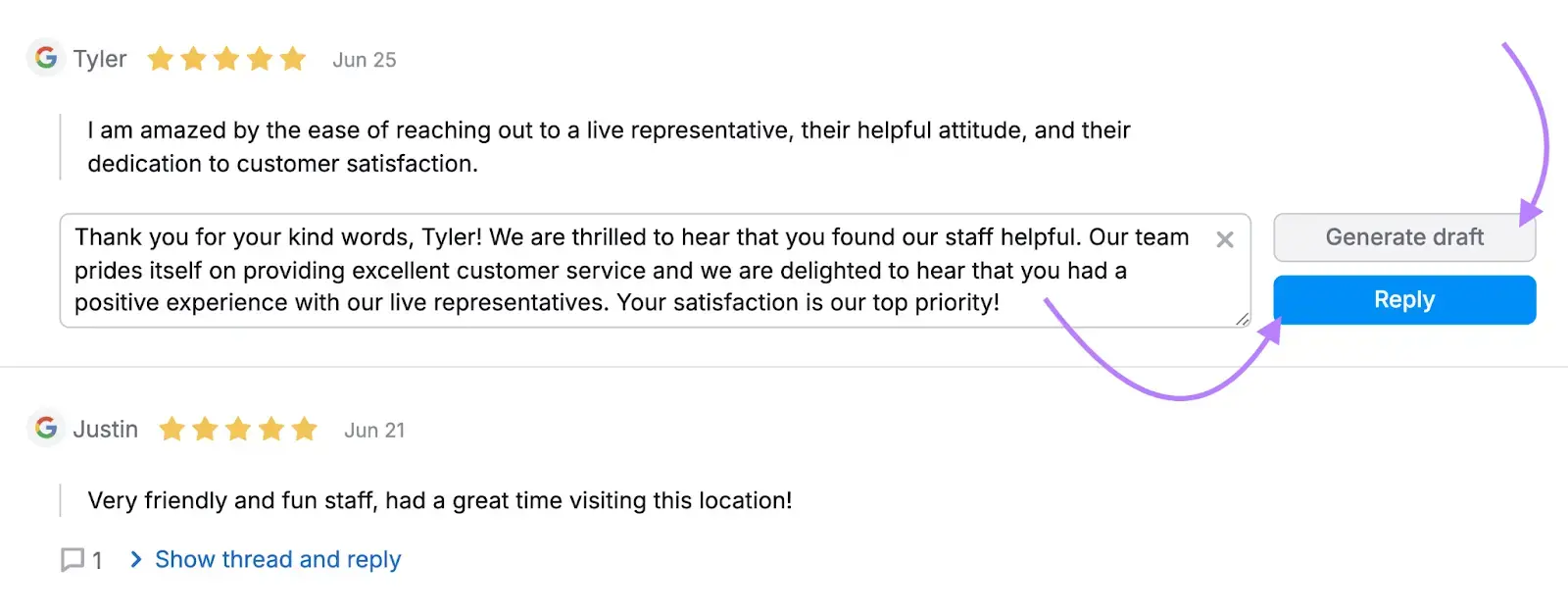 Semrush Review Management tool with AI generated reply and arrows pointing to Generate draft and Reply buttons.