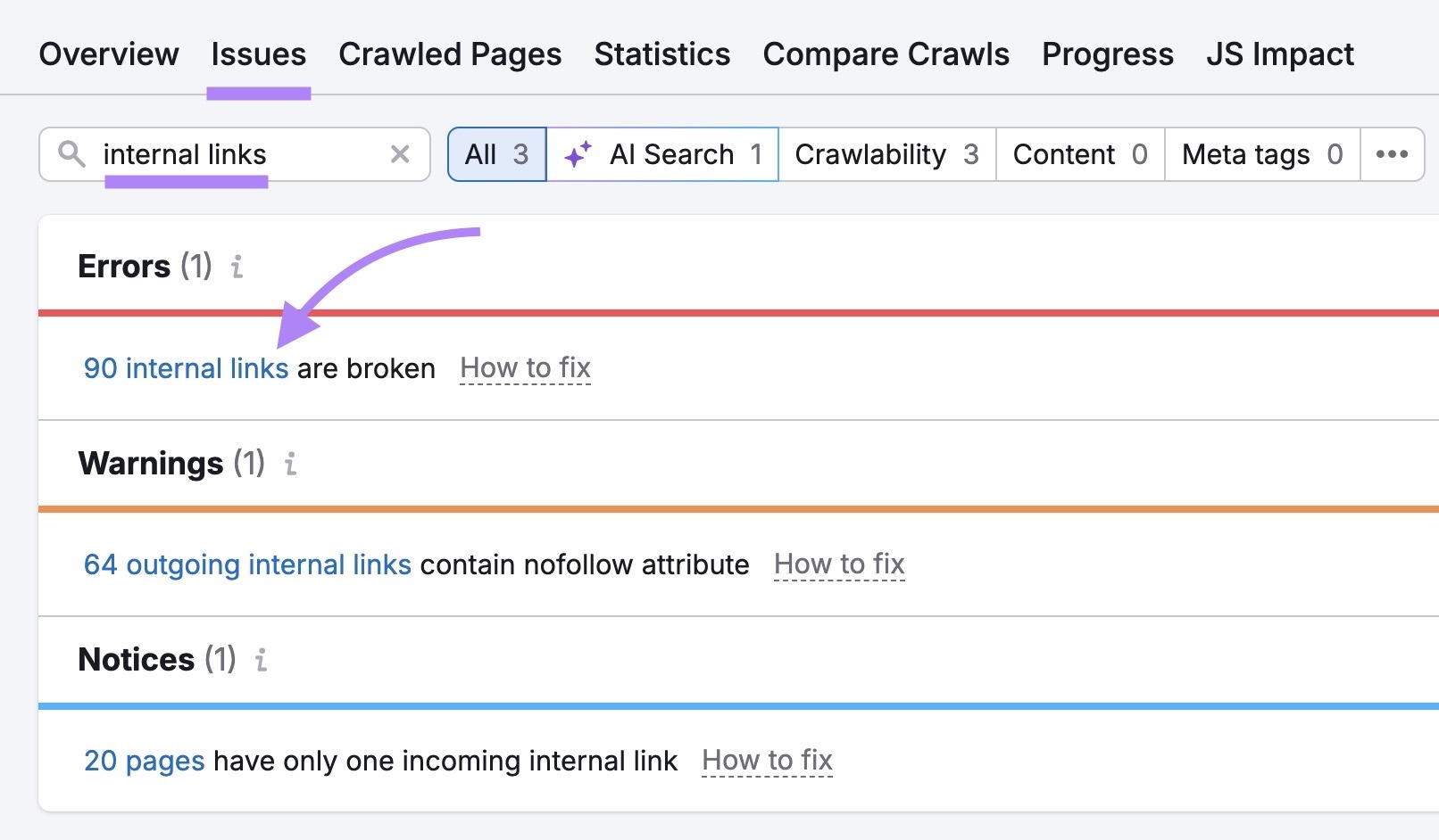 The "Issues" tab on Site Audit with "internal links" entered showing a list of related issues and "90 internal links are broken" clicked.