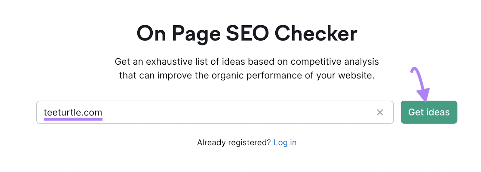 "teeturtle.com" introducido en la barra de búsqueda del Comprobador SEO On Page