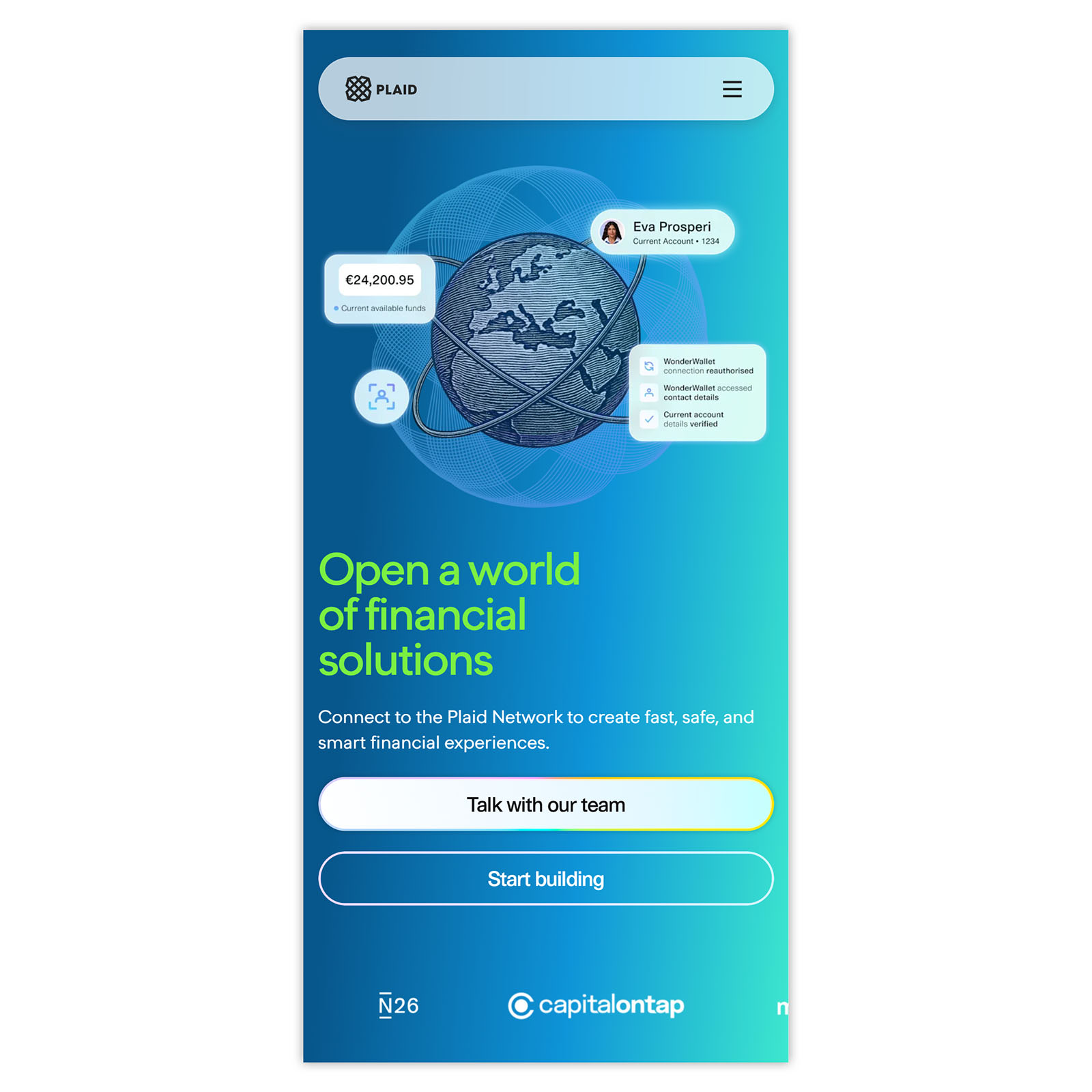 Plaid mobile homepage with nav bar showing.