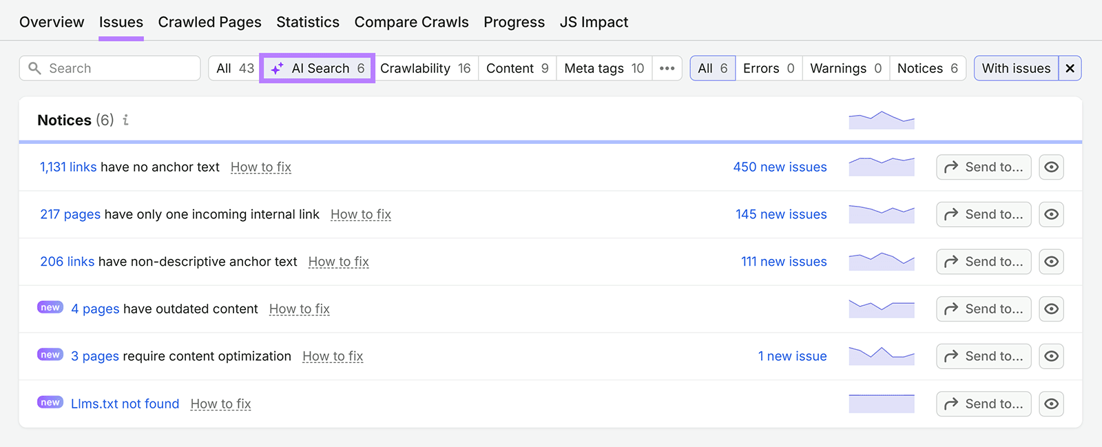 Semrush Site Audit AI Search issues showing an “Llms.txt not found” notice