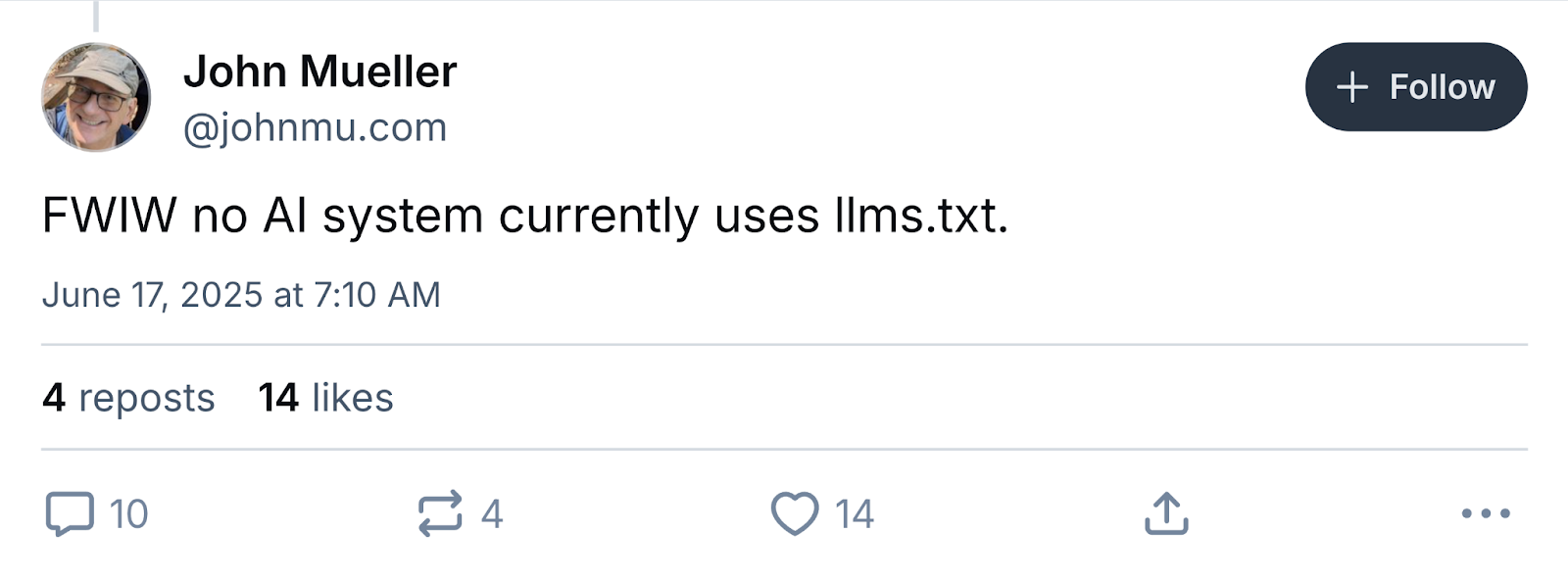John Mueller Bluesky June 2025 post stating AI systems don't use llms.txt